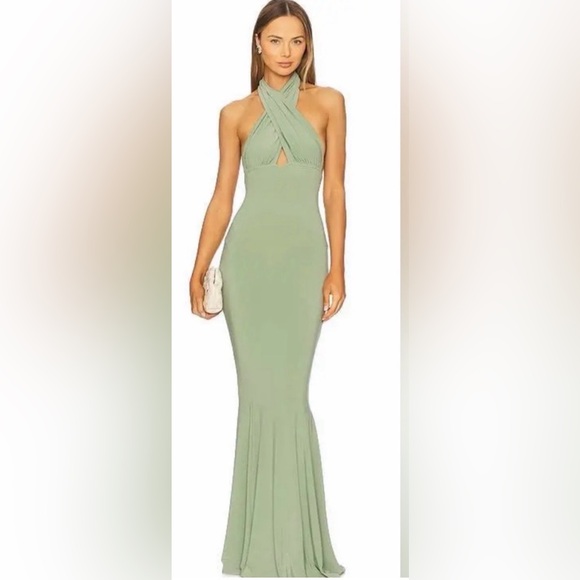 Stunning sage green halter top fishtail dress.